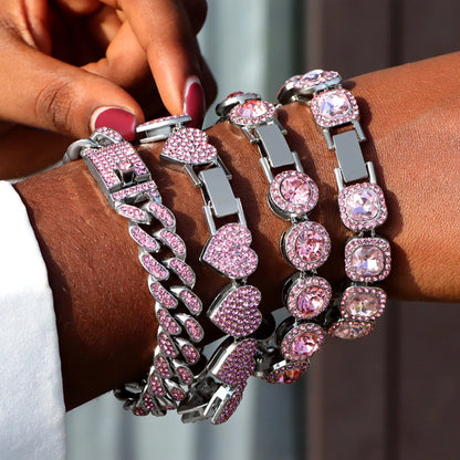 1Pcs Pink Rhinestones Miami Cuban Chain Bracelet for Men And Women