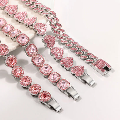 1Pcs Pink Rhinestones Miami Cuban Chain Bracelet for Men And Women